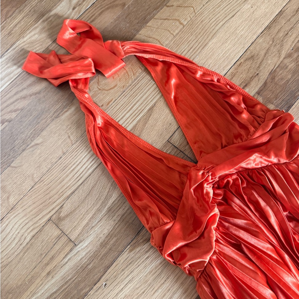 Hello Molly Orange Satin Halter Pleated Maxi Gown - Picture 5 of 8